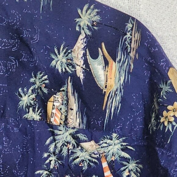 Pierre Cardin Vtg Blue Tropical Surfer Beach Scene ButtonUp Cotton Shirt Size XL - Picture 14 of 16